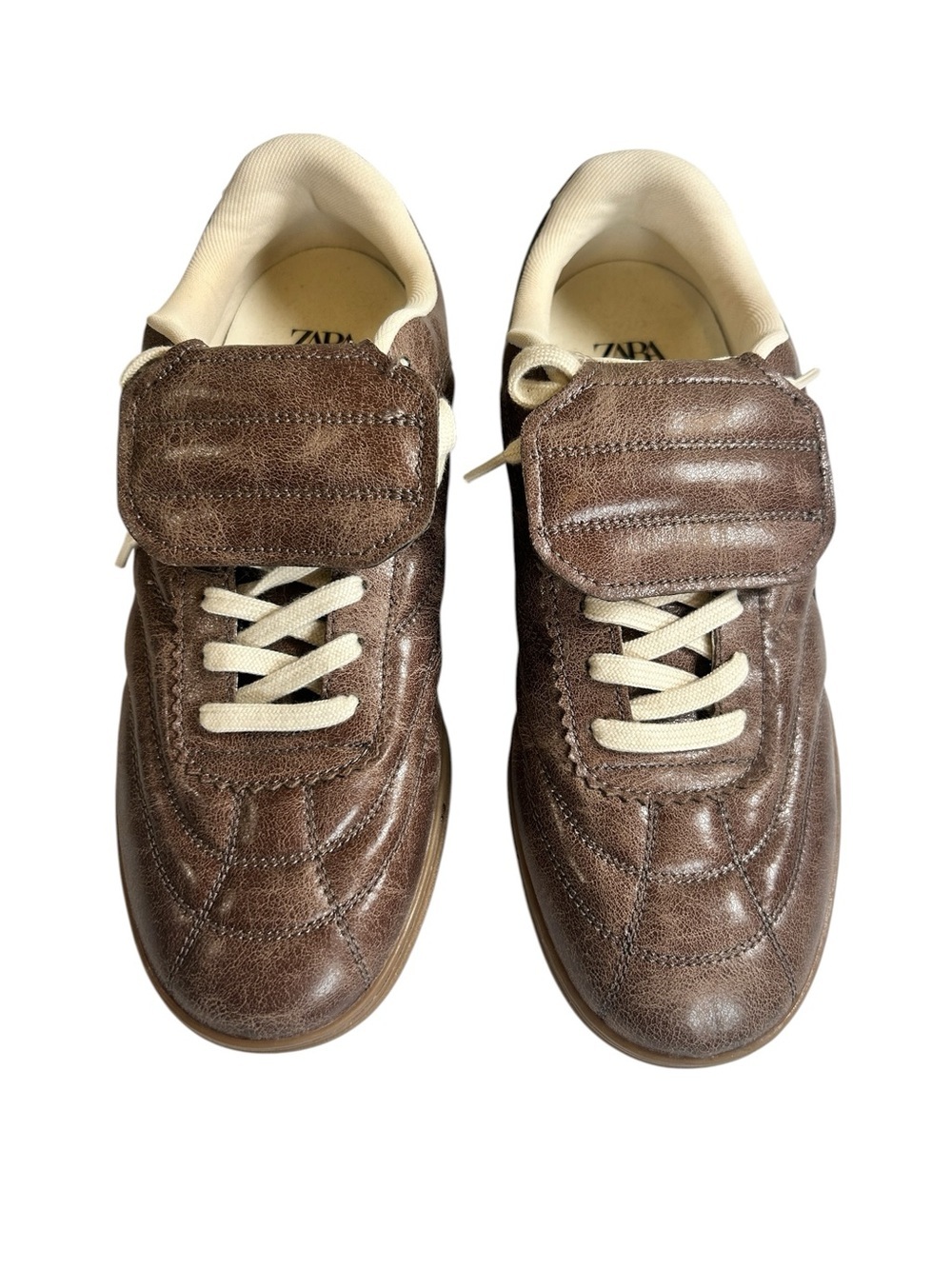 Zara Brown Leather Padded Sneakers Ivory Accents 8.5
